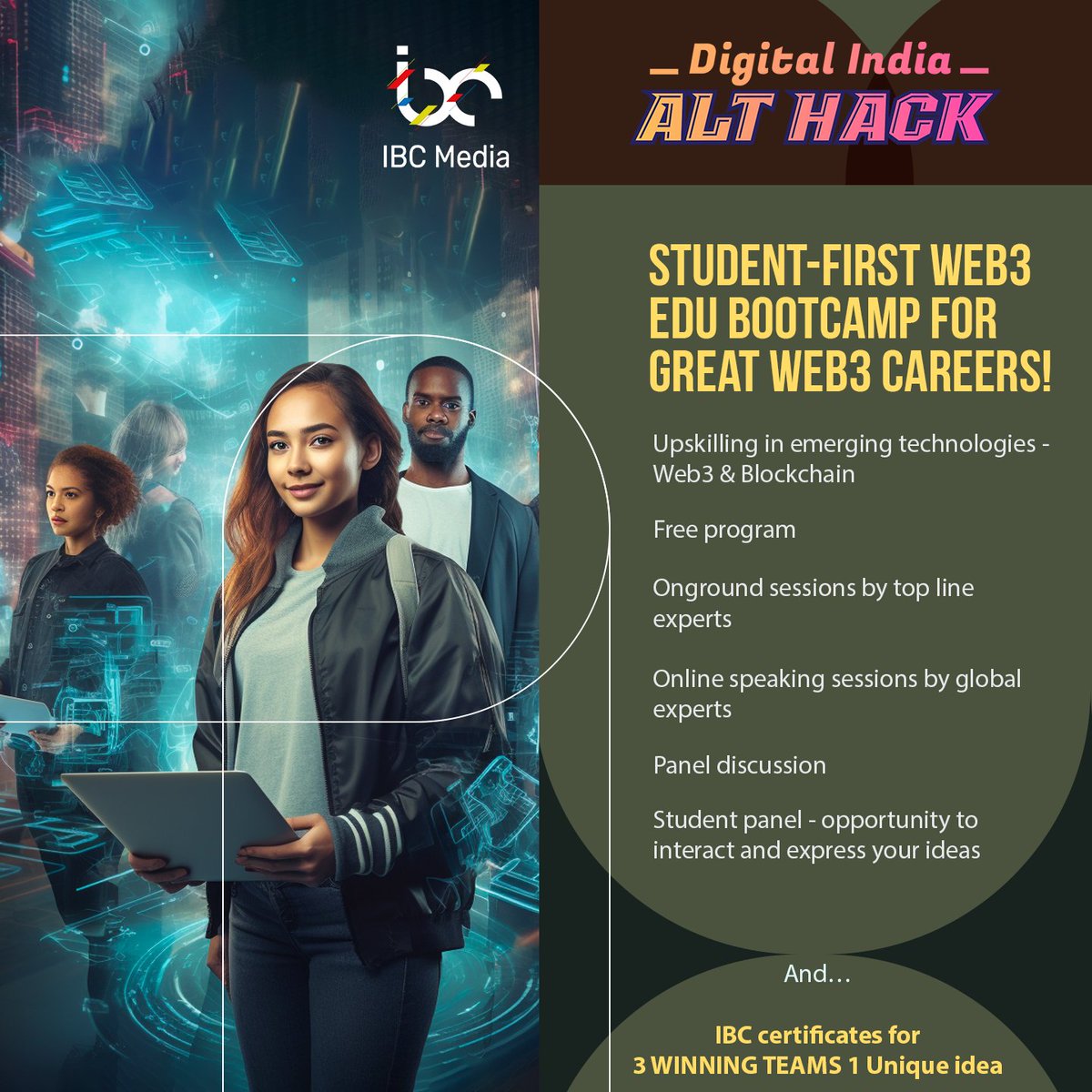 IBCMedia_'s tweet photo. 🚀Calling all engineering students! our 8-day bootcamp partnered with 🇮🇳 Govt Skill Board, @GoI_MeitY, and @_DigitalIndia. 
‍💻Learn Blockchain|Web3
💡https://t.co/yuQqBVBI0o
🎓Deep-dive tech sessions
💼Get grants, internships and jobs
🌐Watch more: https://t.co/IEBB28E3ke https://t.co/TSEmkIOTRh