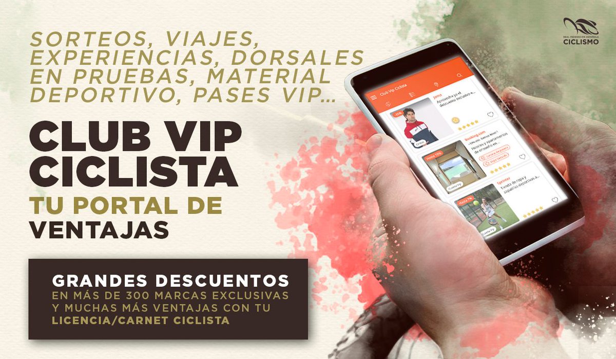 RFECiclismo's tweet photo. #ClubVIPCiclista | ¡Si te gusta la bici, disfruta de los numerosos descuentos y ofertas especiales del CLUB DE VENTAJAS PARA CICLISTAS con tu Licencia o Carnet Ciclista! 💯
🔗 Entra y regístrate en https://t.co/1zj4e4HA6t
Lo mejor en deporte, tecnología, ocio, moda, viajes... y mucho más... 👌
Y si no tienes licencia o #CarnetCiclista ÚNETE en https://t.co/Q1mJocQ3vM