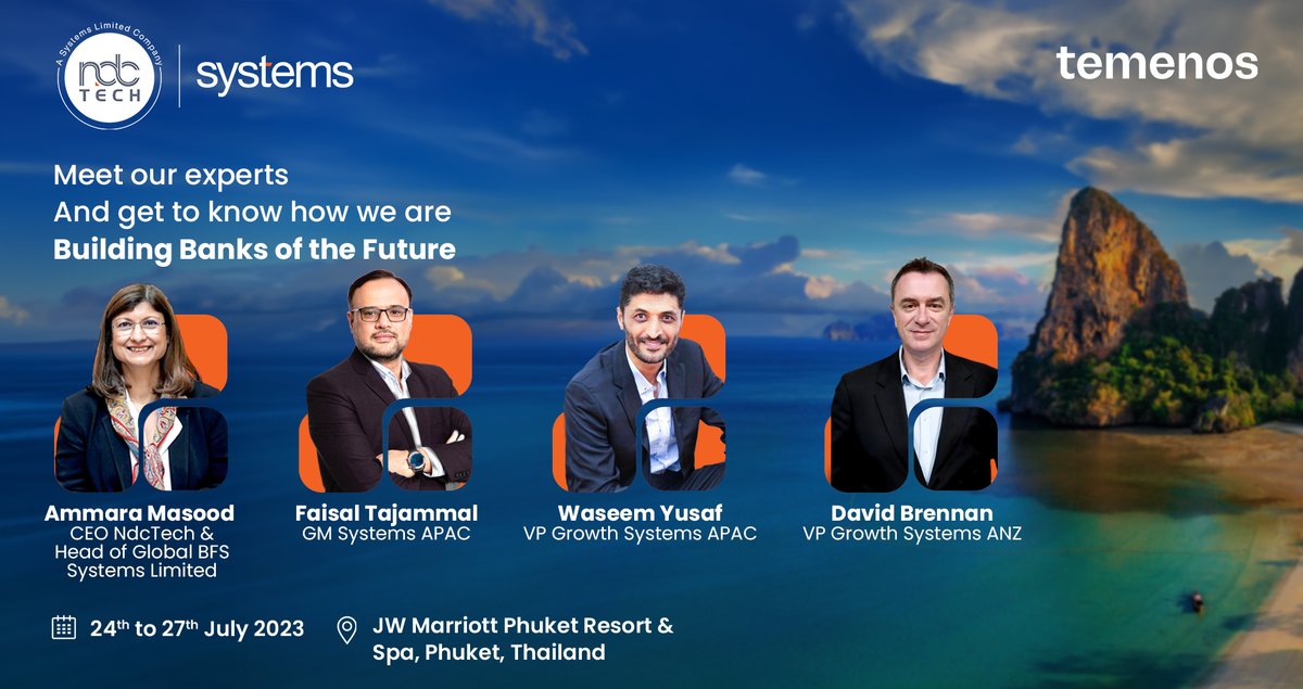 NdcTechTweet's tweet image. Meet #NdcTech exceptional team at @Temenos APAC Sales &amp;amp; Partner Summit, July 24-27, 2023, JW Marriott Phuket Resort &amp;amp; Spa, Thailand. Discover how we revolutionize the #banking sector with state-of-the-art services. Book your appointment now: ndctech.net/contact-us/#fi…