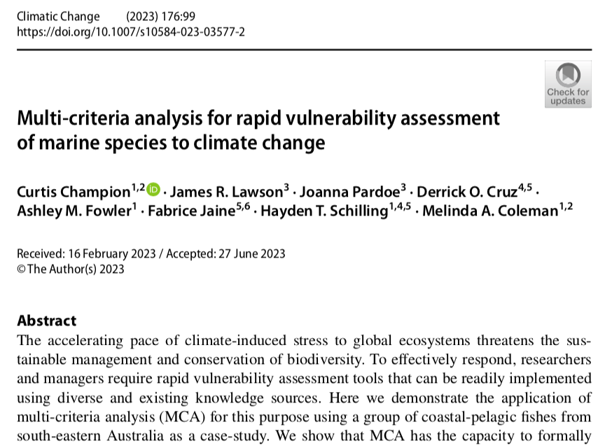 To hope to manage climate change impacts to living marine systems, we need rapid vulnerably assessment tools that produce outcomes faster than impacts occur.

Here we demonstrate multi-criteria analysis as an effective method for doing this

Open access: link.springer.com/article/10.100…