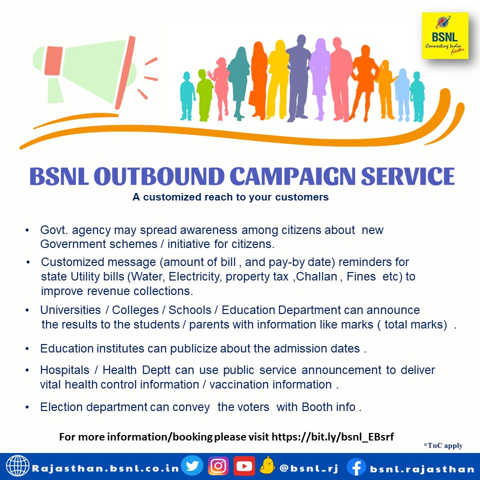 BSNL_RJ's tweet photo. Give a personal touch to your customers.
Subscribe for #BSNL #OutboundCampaignService.
For information/booking please visit https://t.co/enG0kOemZ5
#Entertainment #businessgrowth #Banking #education #AmritMahotsav #SkillDevelopment #StartUps #MakeInIndia https://t.co/orgklTupXy
