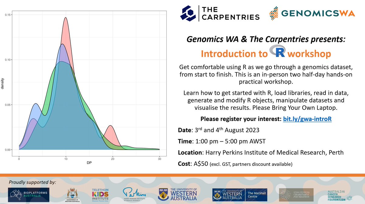 Learn R with us and @datacarpentry! Get started with R as we take you through a genomics dataset in this hands-on in-person workshop in Perth on 3rd & 4th August. For details see bit.ly/gwa-introR #datacarpentry #Bioinformatics #Genomics #rproject #rstats