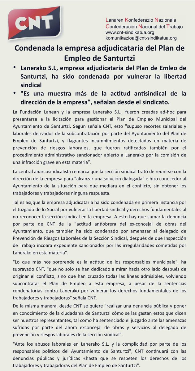 jotabe1963's tweet photo. CNT: Condenada la empresa adjudicataria del Plan de Empleo de Santurtzi
• Lanerako S.L ha sido condenada por vulnerar la libertad sindical
• "Es una muestra más de la actitud antisindical de la dirección de la empresa", señalan desde el sindicato. https://t.co/Oep42fSvZl
