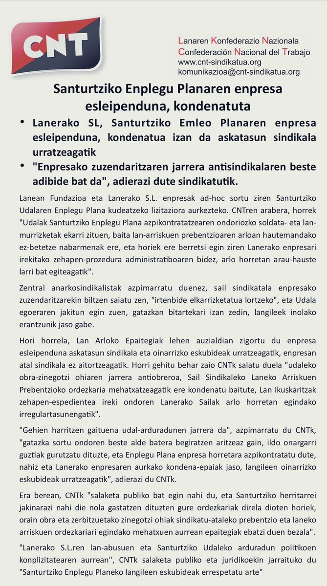 jotabe1963's tweet photo. CNT: Condenada la empresa adjudicataria del Plan de Empleo de Santurtzi
• Lanerako S.L ha sido condenada por vulnerar la libertad sindical
• "Es una muestra más de la actitud antisindical de la dirección de la empresa", señalan desde el sindicato. https://t.co/Oep42fSvZl