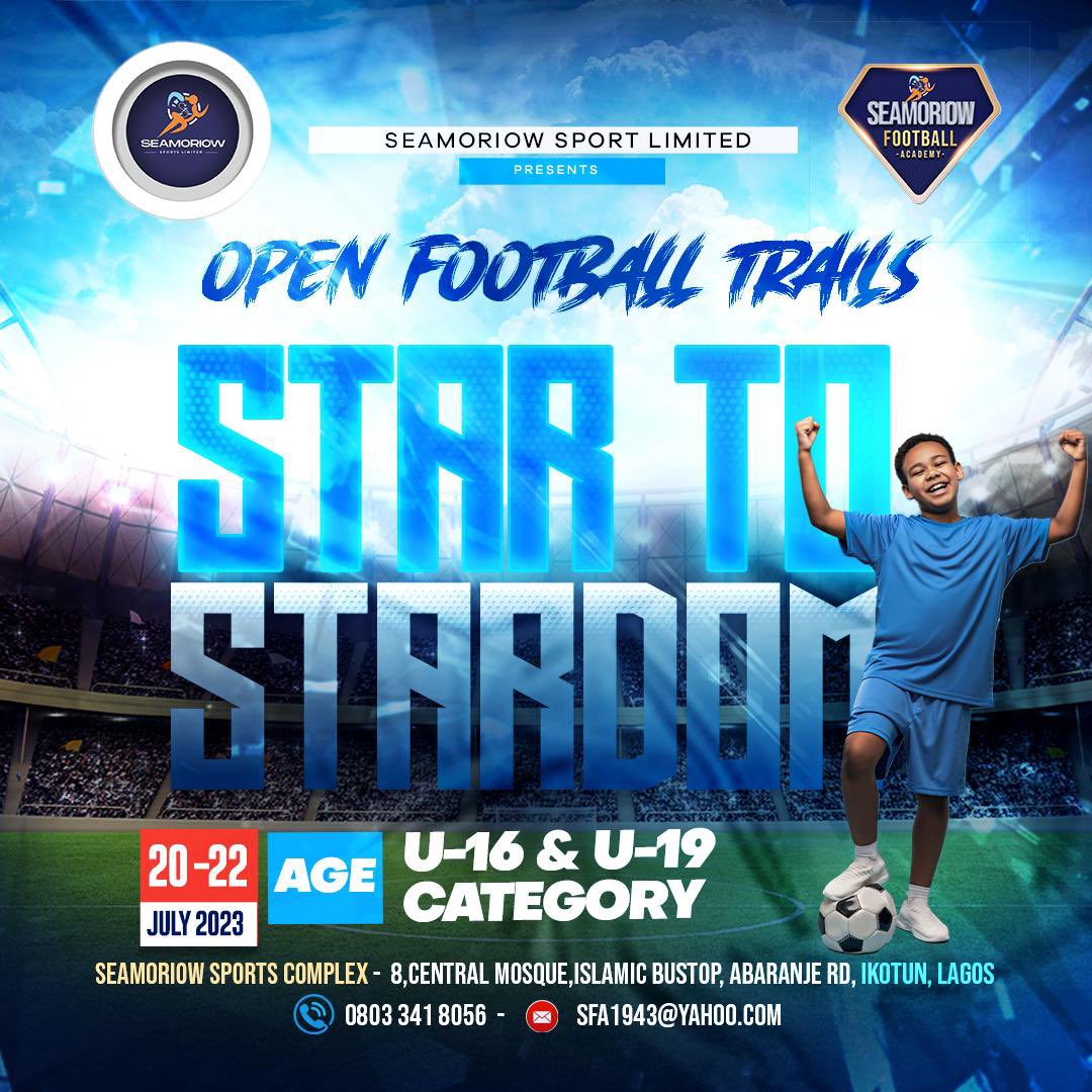 The U-16 and U-19 Category 

Open Football trials,kick off today !

Come give the Star in you an expression !!

#AfricanFootball 
#footballers
#Catchthemyoung