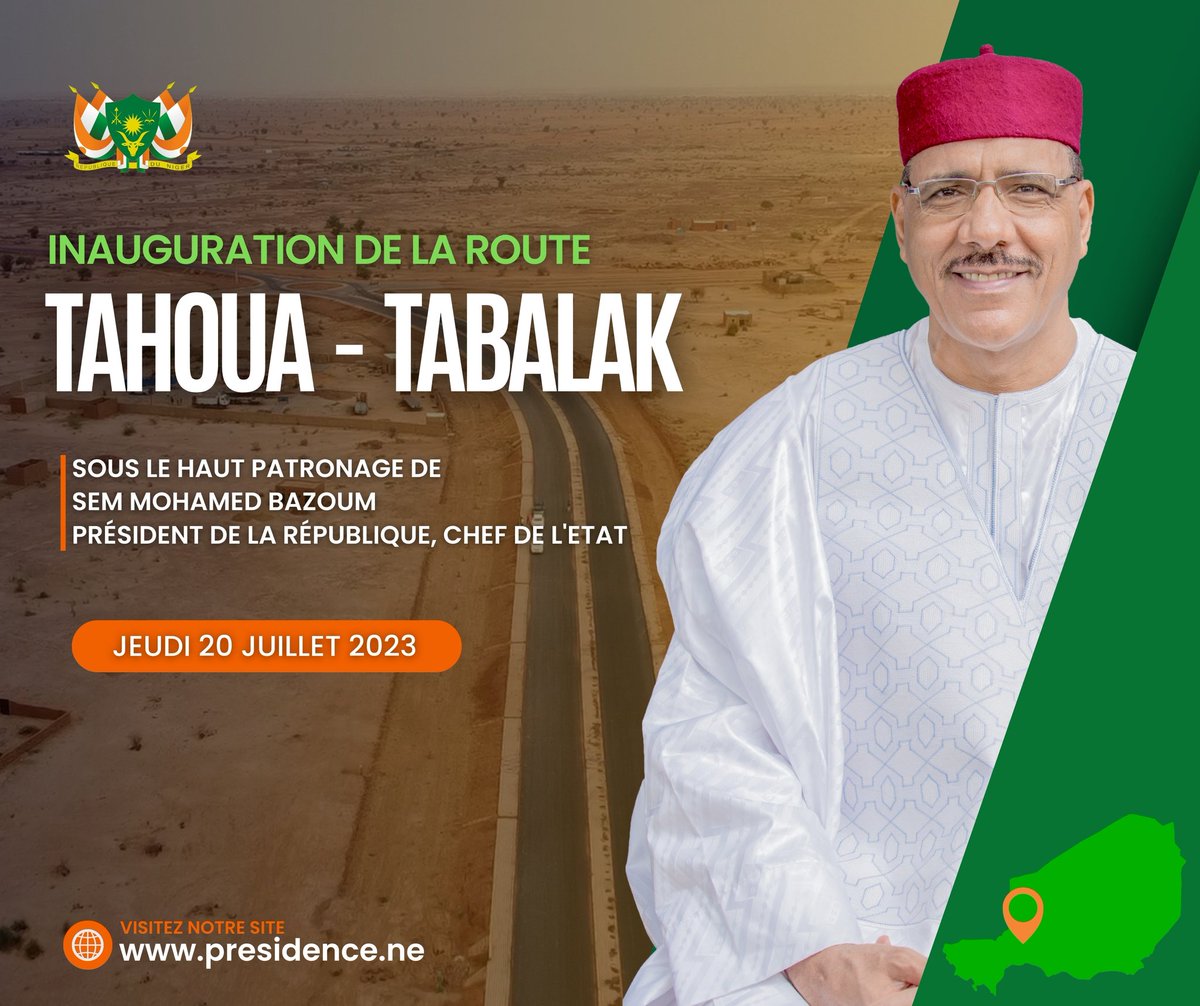 PresidenceNiger's tweet photo. La route Tahoua–Tabalak d’une longueur de 51 km, construite par l’entreprise MBC/BTP, sera inaugurée ce jeudi 20 juillet 2023, par SEM @mohamedbazoum, Président de la République, Chef de l'État.

🛣️Inauguration de la route bitumée Tahoua Tabalak 
📅Jeudi 20 juillet 2023
⏰10h https://t.co/LGbkWpUQmz
