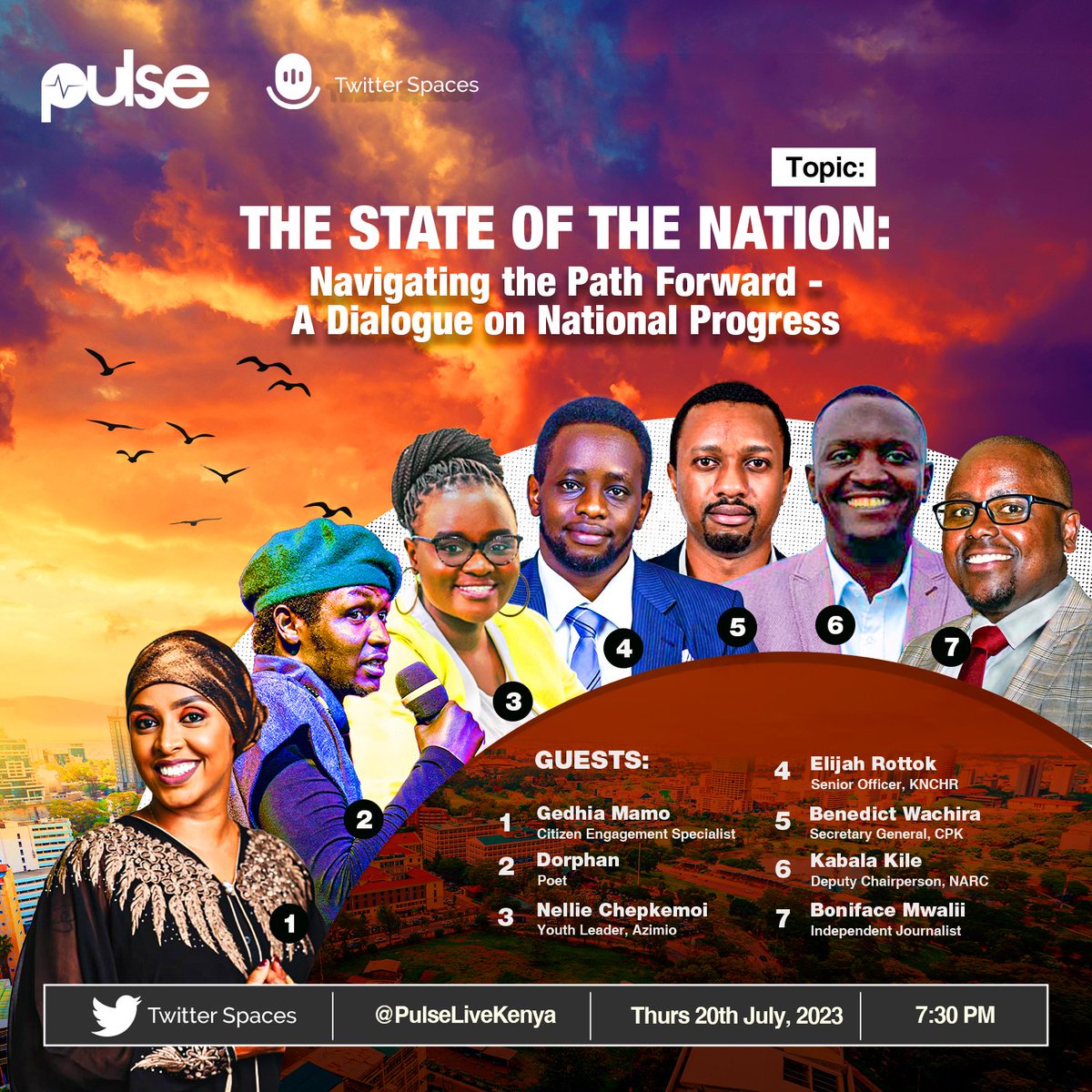 Remember to Join Our speaking panel tonight at 7:30PM as we will have conversations about State of the nation and dialogue on National Progress and the impact of Maandamano.
#PulseSpaces #PulseNews
The speakers are as follows @iwittness @elijahrottok
@dorphan_age <a href="/WachiraBW/">Benedict Wachira ☭</a>