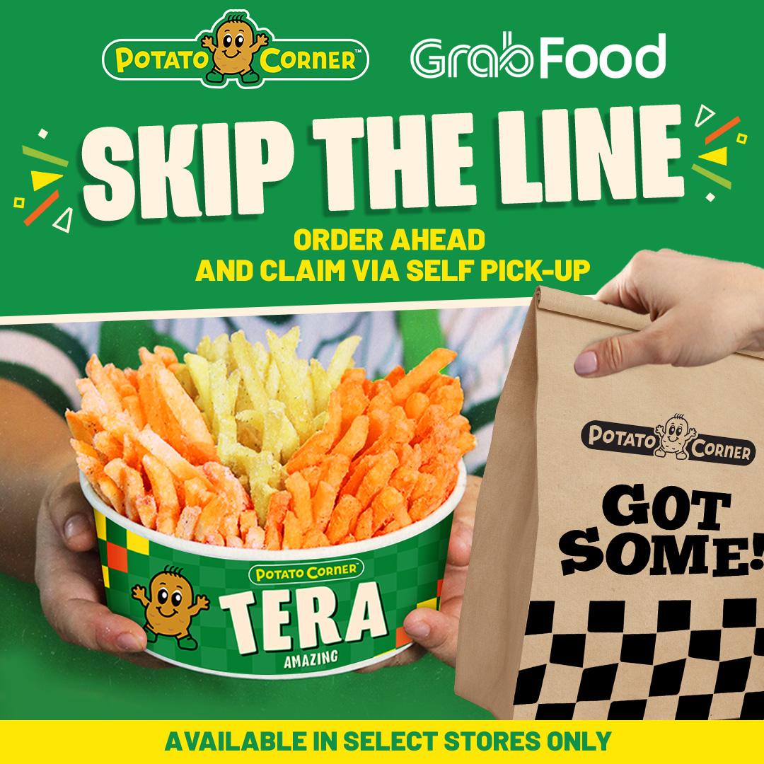 PotatoCornerPH's tweet photo. Save time! 💚 Order ahead your favorite Potato Corner products and choose 'Self Pick-up' option via GrabFood. 😋🥔
🛒 See where you can avail by checking out our stores available on the GrabFood app.
Available in select stores only.
#PotatoCorner #GrabFood #SelfPickUp https://t.co/wweyawTIVT