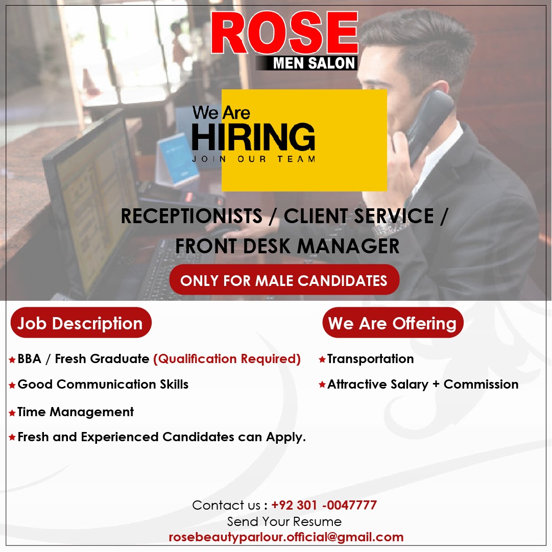 ROSEbeauty_'s tweet image. 📢 We are Hiring! 📢 
Position: Receptionist / Client Service at Rose Men Salon
📧 Send your CV or portfolio to: rosebeautyparlour.official@gmail.com
📞 For Details, contact us: +92 301 0047777
#hiringnow #frontdeskmanager #receptionist #clientservice #opportunity
