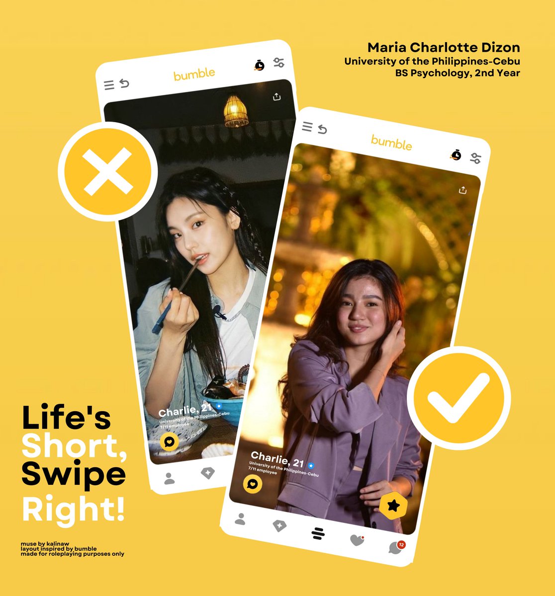⠀
                 🐝 Maria Charlotte "Charlie" Dizon
                 UP PSYCH STUD :: 7/11 EMPLOYEE
                  social experiment? swipe right na!
⠀