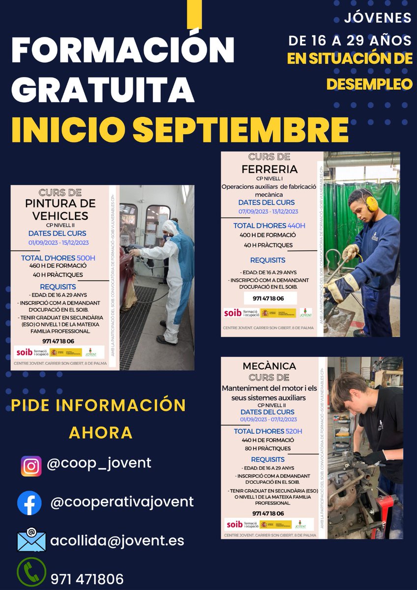 ✅FORMACIÓ GRATUITA! 

3 cursos oberts!
Demana informació a Jovent
acollida@jovent.es
971 47 18 06