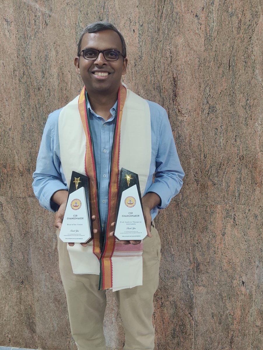 iitm_bs's tweet photo. Hearty Congratulations to Prof. Andrew Thangaraj and Prof. Vignesh Muthuvijayan on receiving the CSR Changemaker Awards!! The Professors have been recognized for their invaluable role in transforming lives and upholding the true spirit of 'IITM for All'. https://t.co/sCGKwFaGEQ