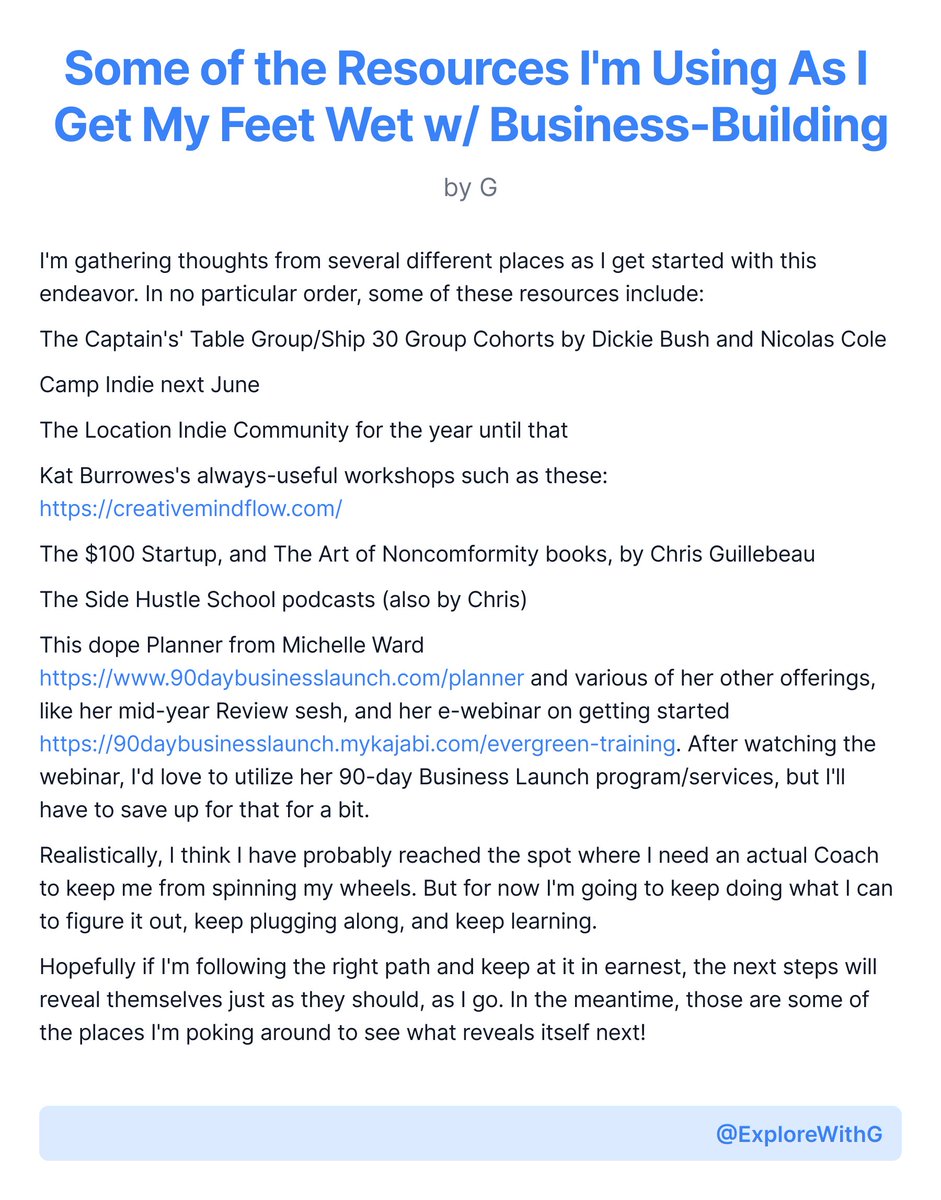 ExploreWithG's tweet photo. Some of the Resources I'm Using As I Get My Feet Wet w/ Business-Building @dickiebush @Nicolascole77 #ship30for30 @90DayBizLaunch @locationindie @chrisguillebeau https://t.co/LWowtatNlq