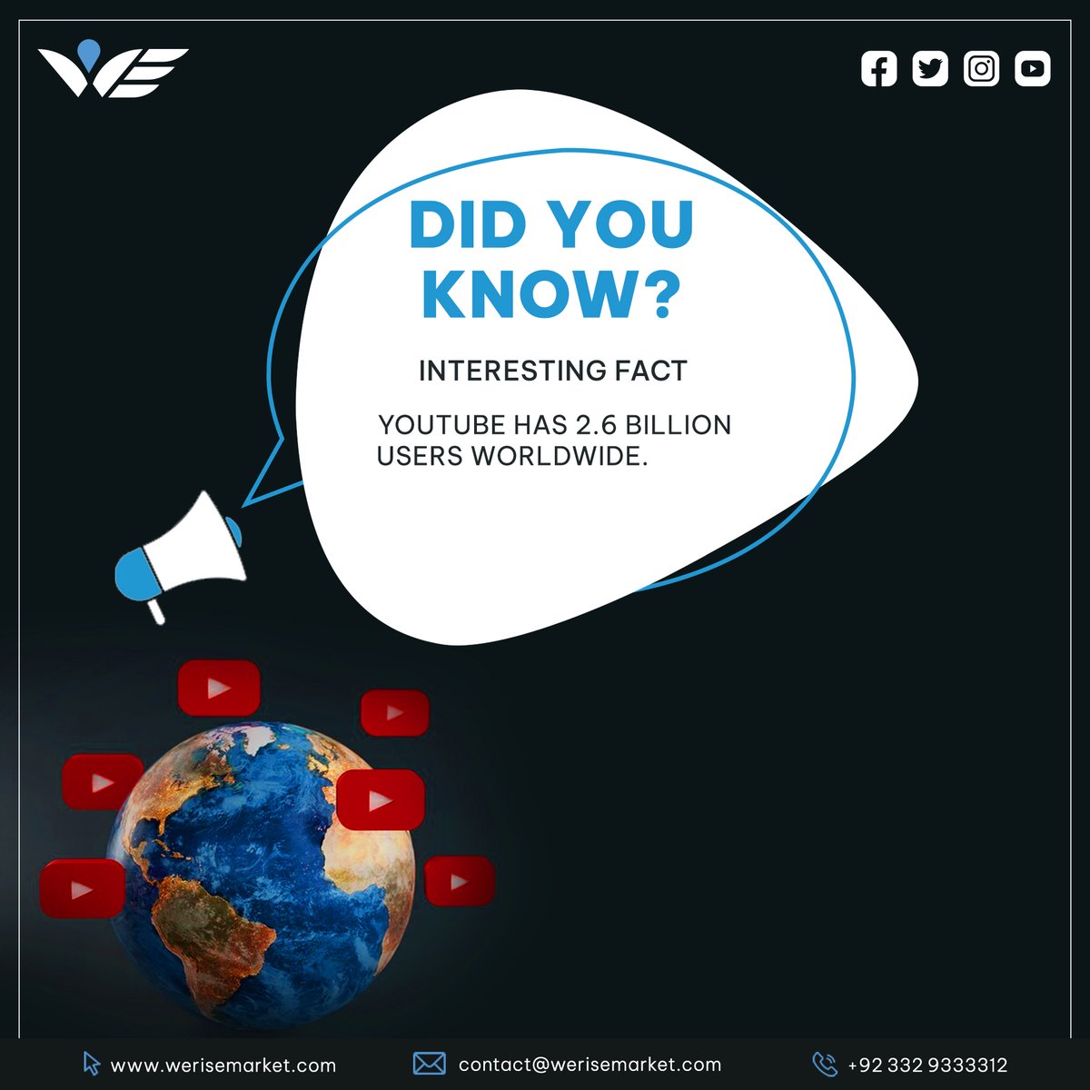 For more interesting facts & figures follow our page. Also, contact us for 𝐘𝐨𝐮𝐓𝐮𝐛𝐞 𝐂𝐡𝐚𝐧𝐧𝐞𝐥 𝐏𝐫𝐨𝐦𝐨𝐭𝐢𝐨𝐧 𝐒𝐞𝐫𝐯𝐢𝐜𝐞𝐬. We are experts in YouTube channel monetization and video boosting. 𝐂𝐚𝐥𝐥 +92 332 933 3312 𝐖𝐞𝐛𝐬𝐢𝐭𝐞:werisemarket.com