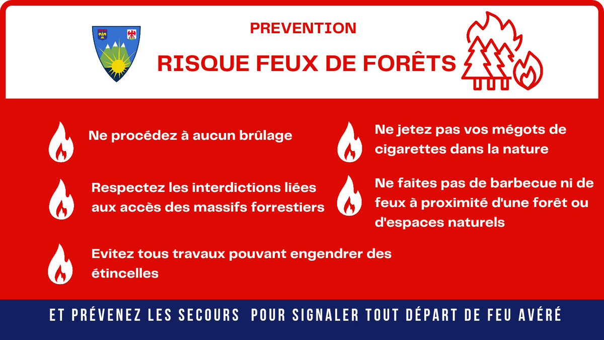 ⚠️ #FeuxDeForets 😉
🔴 Risque incendie très sévère pour les massifs Esterel-Tanneron
⛔️ Accès aux massifs et travaux interdits
Adoptez les bons comportements.