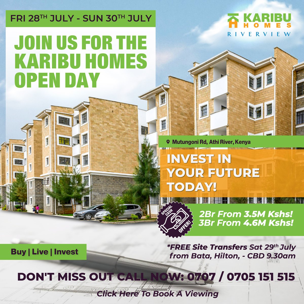 Looking for a home for your family, or an investment with good ROI? We have 2&amp;3 bedroom apartments ready for occupation starting from 3.5m*. Located along Mutungoni road in Athi Rive just 1km from Mombasa road. Join us for our upcoming open day from 28th to 30th July.