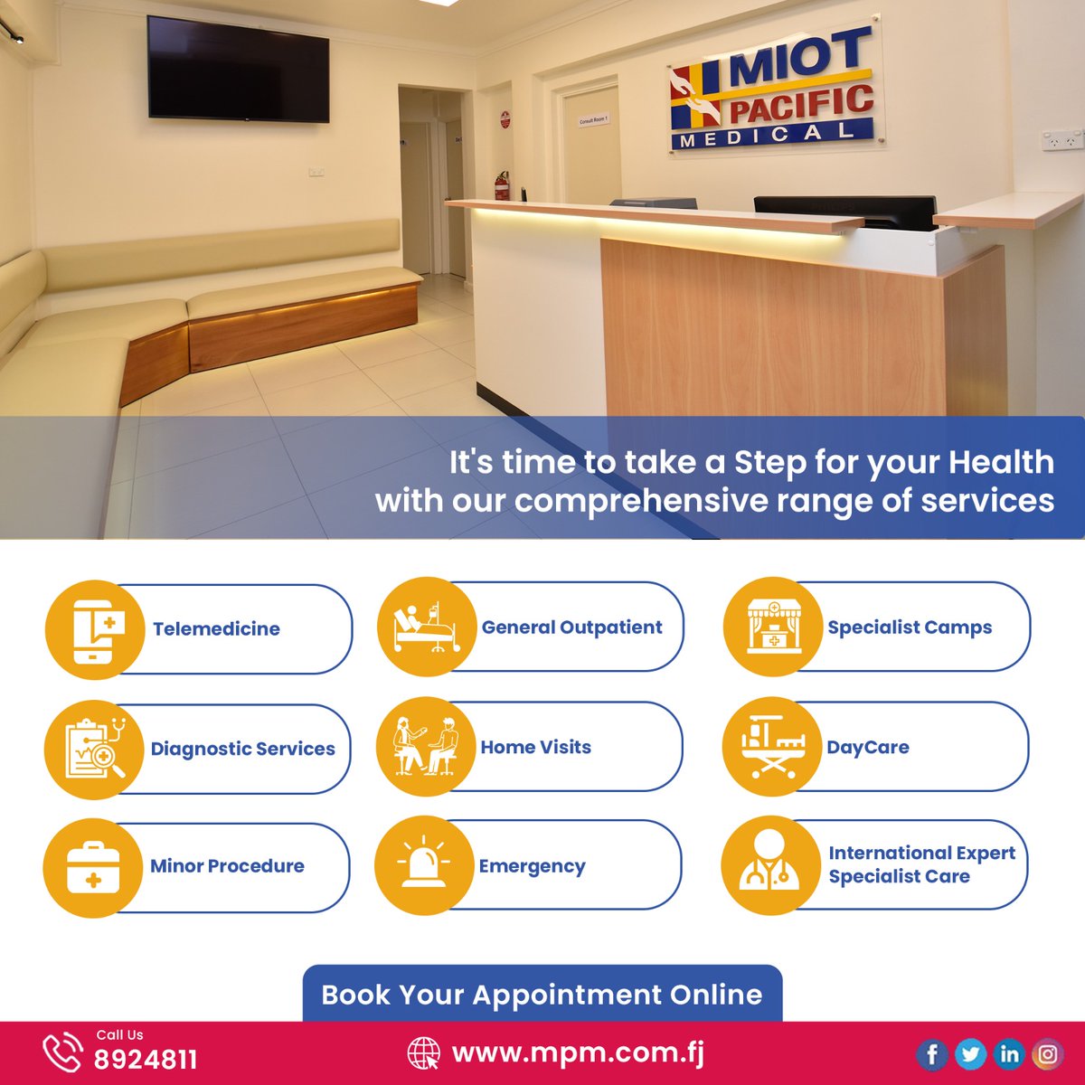 MedicalMiot's tweet image. Your health is in your hands.
Take charge and a step towards healthier you with our wide range of compassionate services.
We are open till 10 PM!
Book appointment at mpm.com.fj or call 8924811

#MIOTPacificMedical #priorityservice #Fiji #suva  #doctors