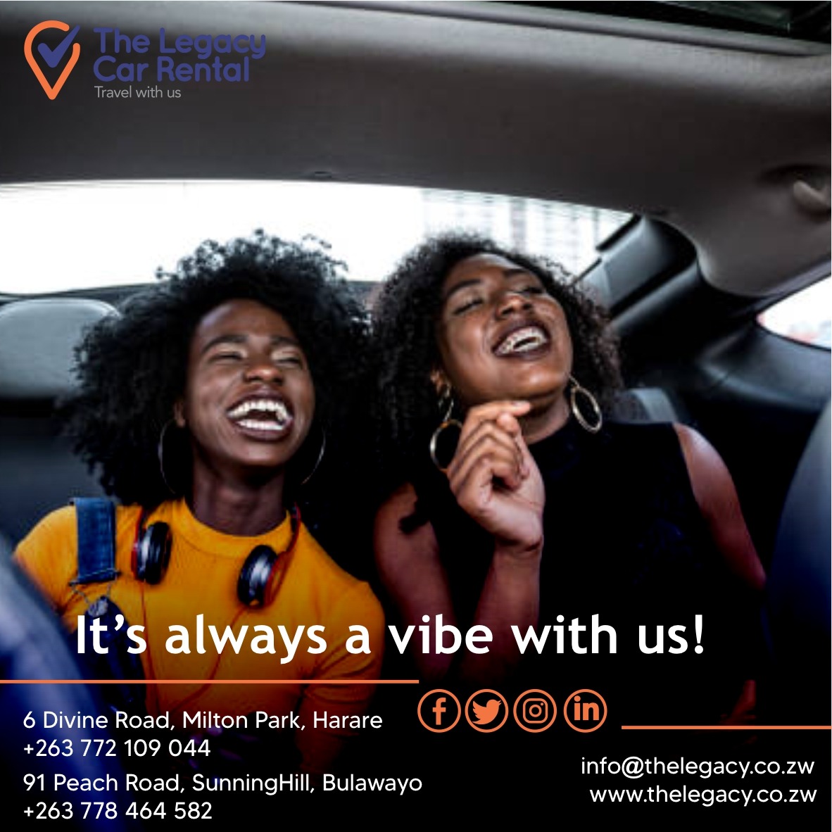 It's always a vibe when you Travel with Us!
#vibe #experts #thebest #carrental #HassleFree #ChauffeurDrive #rent #Bestcare #VibeWithUs #perfectrideeverytime #unforgettable #carhire #vehicle #Bulawayo #hire #car #travel #booknow #travelwithus #rental #legacy #chooseus #bestservice