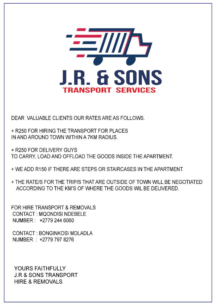 2GS_3301's tweet photo. J.R.&amp;SONS Transport for Hire&amp;Removals is here for you...looking to move stuff from durban to any parts of S.A?  Then we are here for you @ much affordable rates. 
#JHBCBD
#BreeStreet
#Boksburg
#GqeberhaTheEmpire 
#SenzoMeyiwaTrial https://t.co/CARvd6obUg
