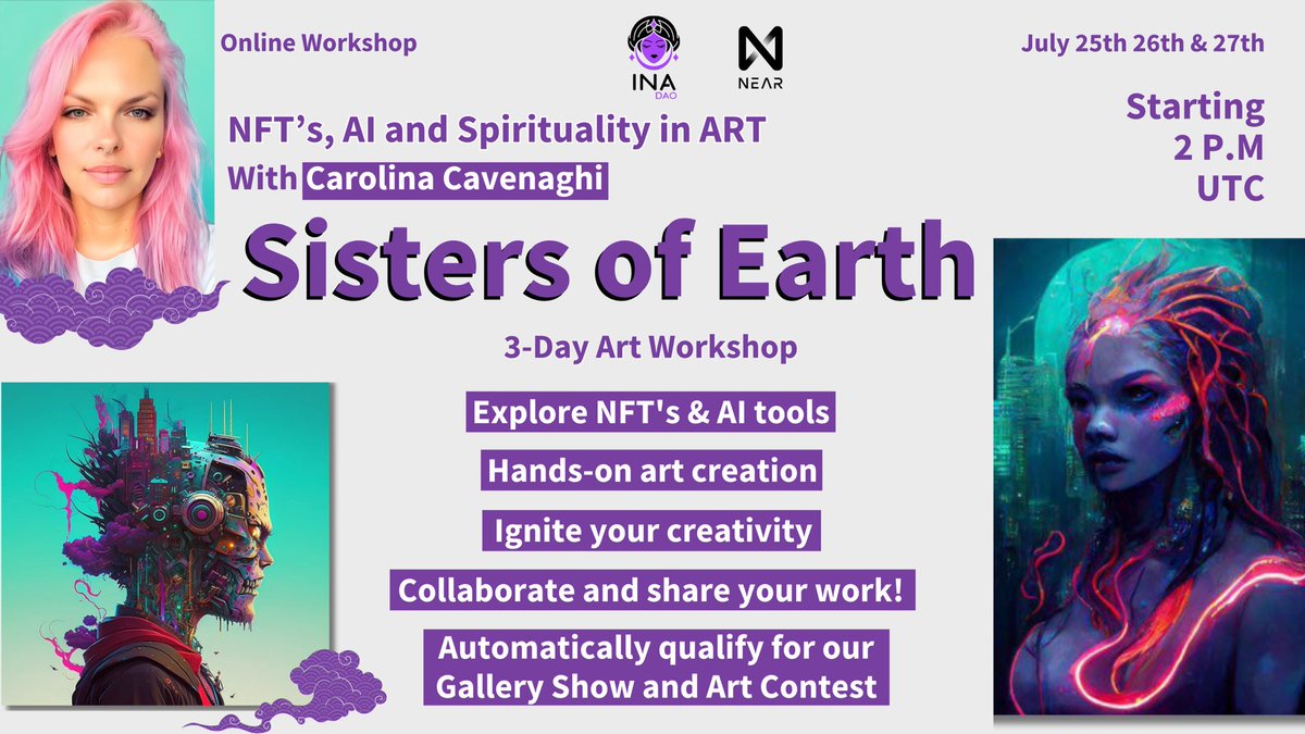 dao_ina's tweet photo. INA DAO Presenting NFTs, AI, &amp; Spirituality in Art workshops by Carolina Cavenaghi🔥
Sign up Now!
https://t.co/K7m9cgaEaP
Only 15 spots available🤩

#INADao #Dao #INASupports #FemaleArtist #NEARProtocol  #NewArts2023 #NFTArt #CryptoArt  #NFTs #WomanCommunity https://t.co/FqahpzqhII