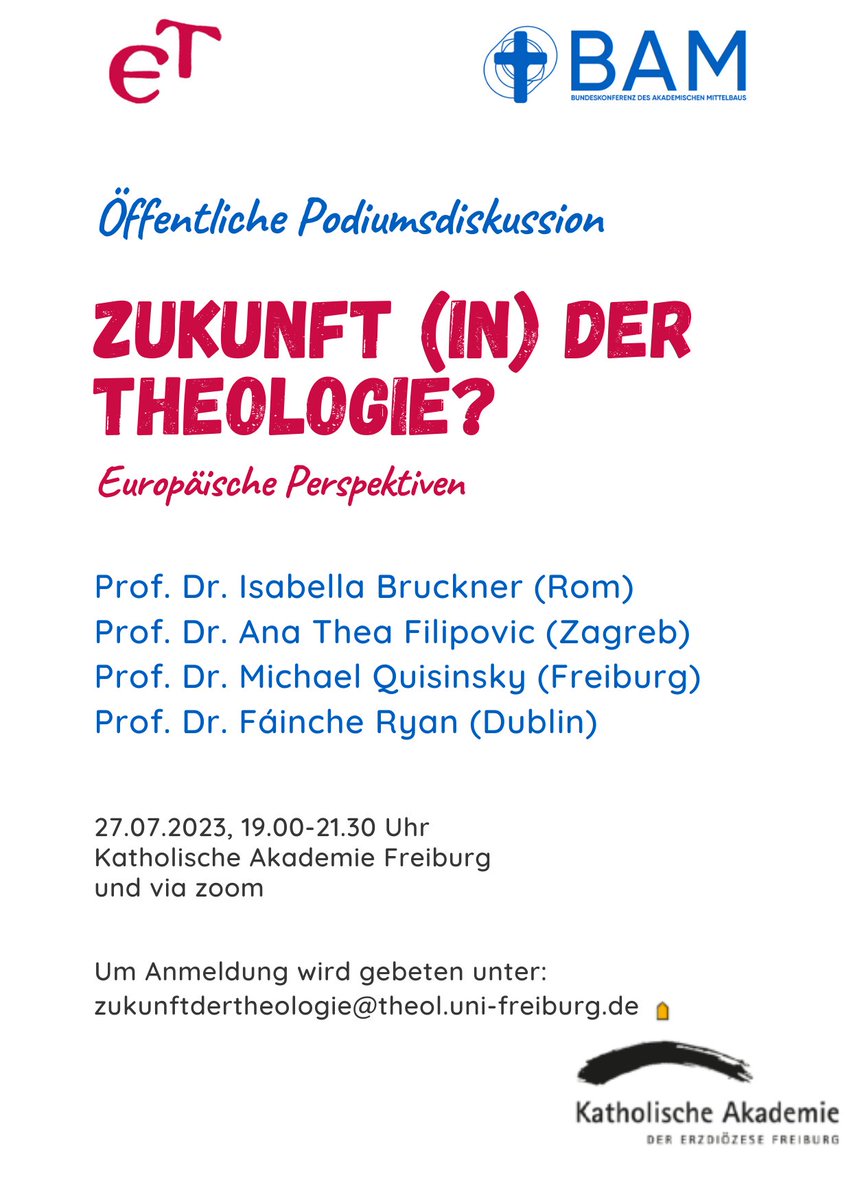 Nächste Woche geht's in Freiburg endlich los mit der Tagung "Zukunft (in) der Theologie" mit ganz vielen #IchBinHanna s aus der #TheoBubble. 
Wir starten mit einer öffentlichen digitalen Podiumsdiskussion - kommt gerne dazu! 
<a href="/himmelundhoelli/">Stephanie Höllinger</a> <a href="/Euro_Theo/">European Society for Catholic Theology</a> <a href="/JungeAGENDA/">Junge AGENDA</a>