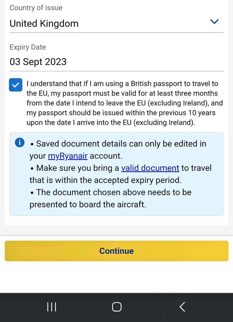 Alyrium465's tweet photo. @Ryanair @askryanair Ryanair. Can I travel to Republic of Ireland, from the UK, with a passport with only 2 months on it? Conflicting answers. Your own booking site says yes, as well as one live chat agent, but another says no. https://t.co/Tc5o0seuWQ