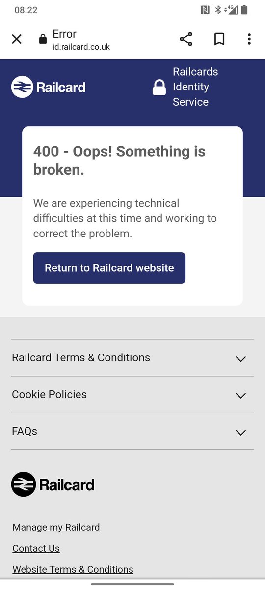 LizziePea86's tweet photo. @_Railcards been trying since the weekend to buy a #twotogetherrailcard but can't get past this. Have emailed and response was you'd get back in 10 days. We travel in 7. Please help. https://t.co/8Lutg5JIuc