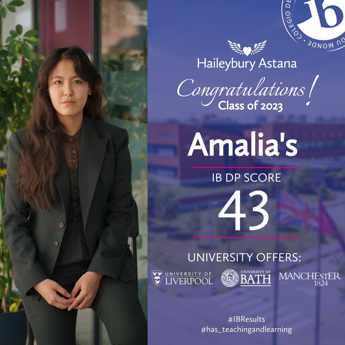 HBAstana's tweet image. 🔥 Congratulations to Amalia for achieving 43 points on the IB DP exams!
⠀
Amalia has offers from strong #UK universities such as the @UniofBath , the University of @OfficialUoM, and the @LivUni to pursue a degree in Aerospace Engineering.
#has_teachingandlearning #ibresults