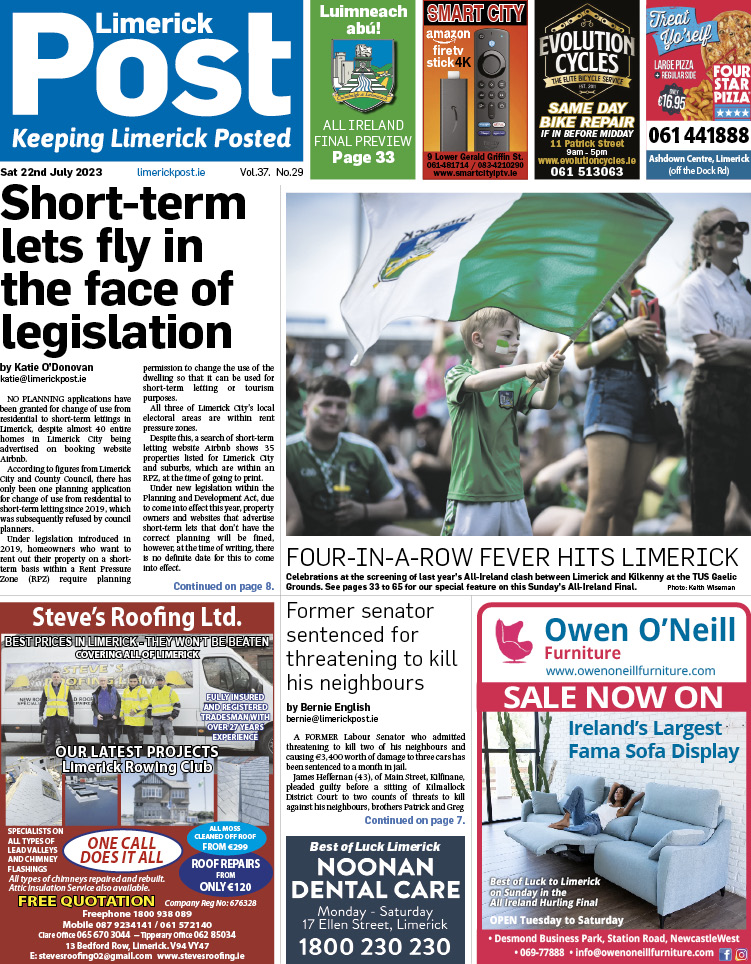 🗞️🗞️ This week’s Limerick Post is out now. 

Read inside:
- Short-term lefts fly in face of legislation
- Former senator sentenced for threats to kill neighbours
- Nun claims divine right to four in a row

Plus, a special 34-page feature on this weekend’s All-Ireland Final.