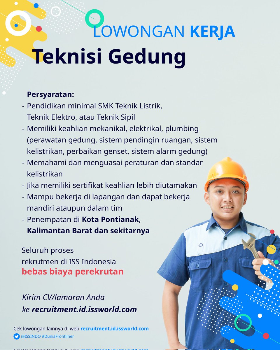 Halo Sobat Frontliner! 
Mimin dapet info lowongan kerja sebagai Teknisi Gedung nih penempatan di Kota Pontianak, Kalimantan Barat dan sekitarnya. 
Untuk persyaratannya, kamu bisa cek di bawah ya 👇🏻
#DuniaFrontliner #SobatFrontliner #infoloker #lokerkalimantan