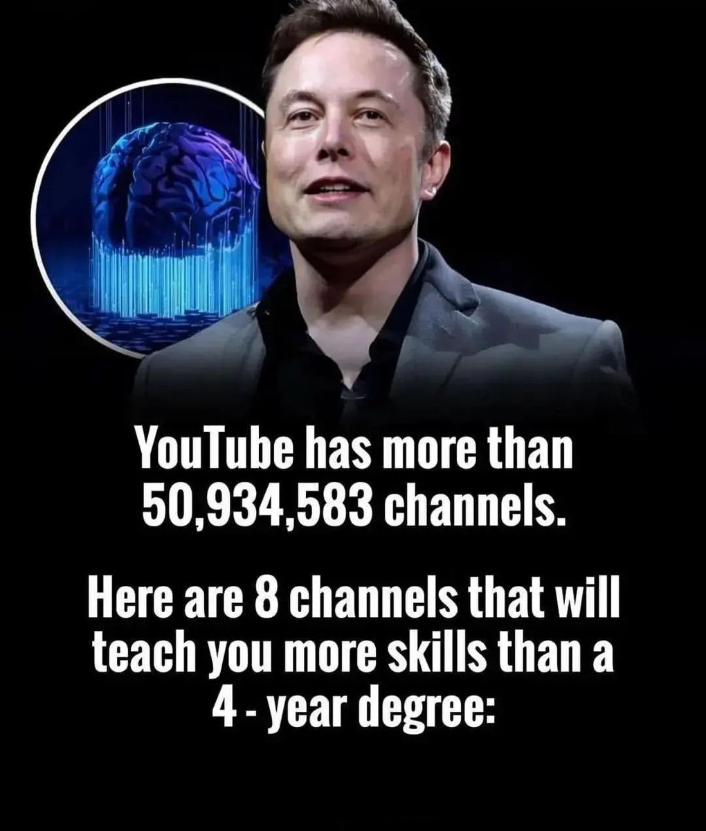 Youtube has 50,934,583 channels.

Here are 8 channels that will teach you more skills than a 4 year degree: