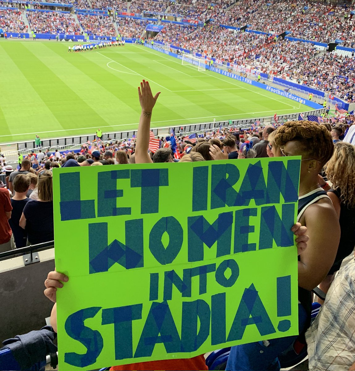 openStadiums's tweet photo. With the start of women's football world cup, let's remember all the people who, because of their Gender they are barred from sport.

This photo in France2019 still is relevant. 
#FIFAWWC https://t.co/goOI4Fr6w1