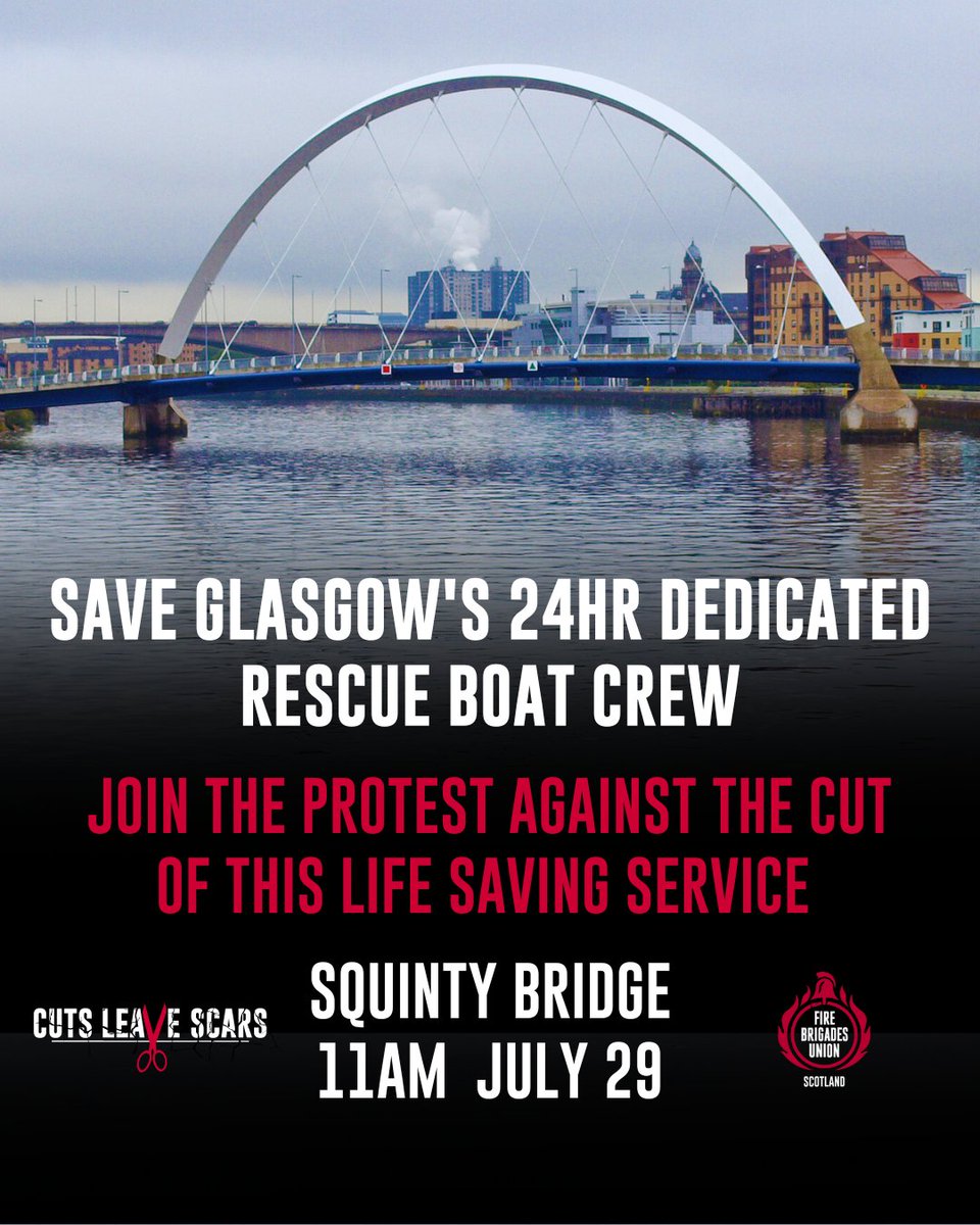 FBUScotland's tweet photo. Polmadie has a 24 hr boat crew, to respond to incidents on the Clyde. The SFRS plan to remove this, meaning that if they're out then stations further away have to cover. 
Come and hear from the firefighters themselves at the Squinty Bridge demo on Saturday 29 July at 11am https://t.co/us2jDFaCri
