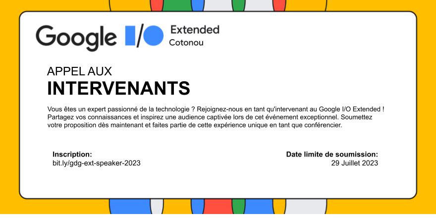 Hellooo,
🎉Le #GoogleIOExtended Cotonou est pour bientôt.
🌟 Vous souhaitez intervenir ? 

🚀 Remplissez dès maintenant notre  formulaire de candidature pour devenir Intervenant et inspirer notre  communauté ! #GoogleIOExtended #CallforSpeakers 
👉 bit.ly/gdg-ext-speake…