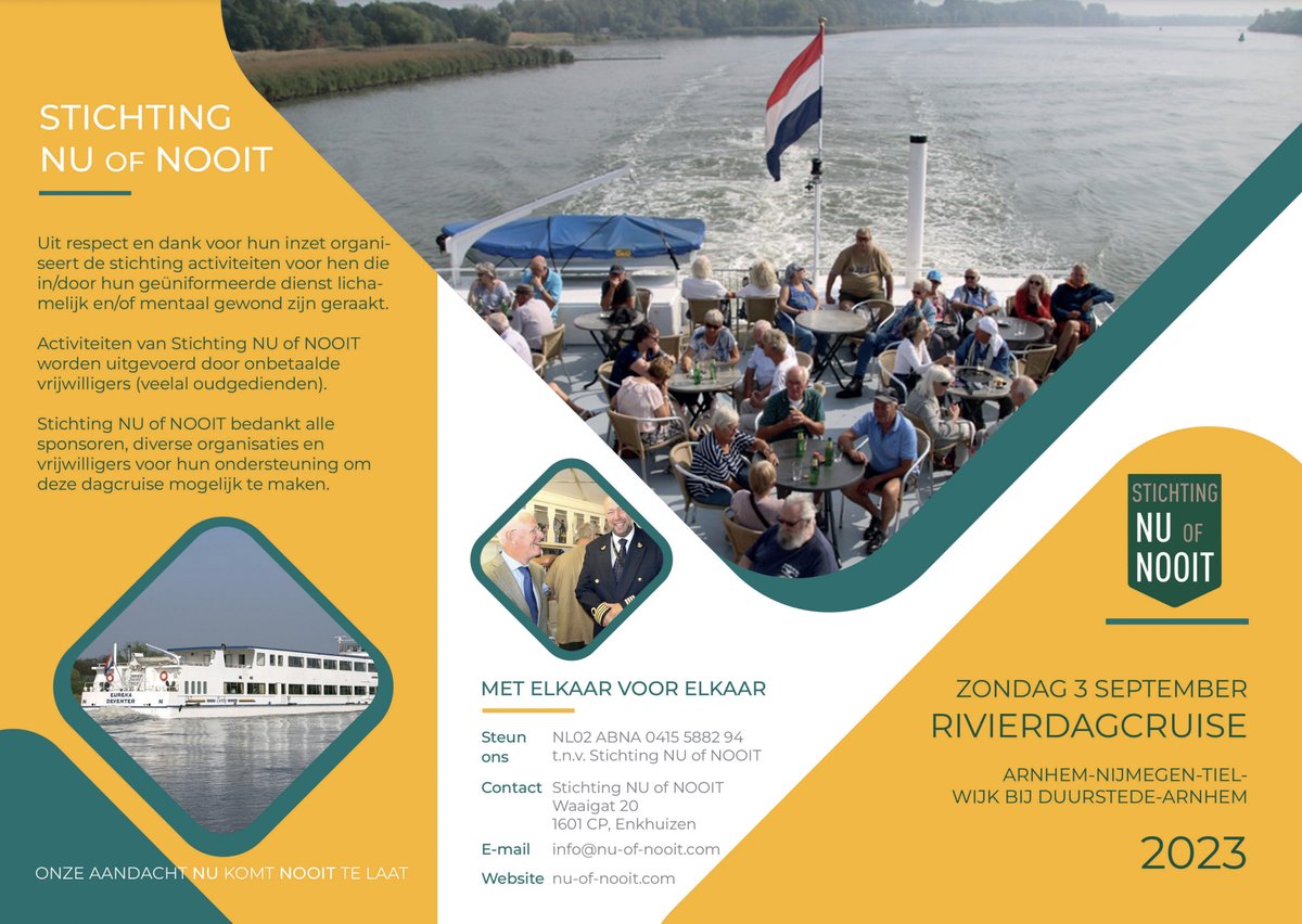 AmyvanSon's tweet photo. Rivercruise door stichting Nu of Nooit'voor geuniformeerden en thuisfront op 3 sept, opstappen in #Arnhem.
Leden van BNMO 50% korting, aanmeldingen €20, kinderen €10 euro #allinclusive #NuOfNooit
#BNMO #landmacht #luchtmacht #marine #brandweer #politie #marechaussee #ambulance https://t.co/8XcHFkbTSQ