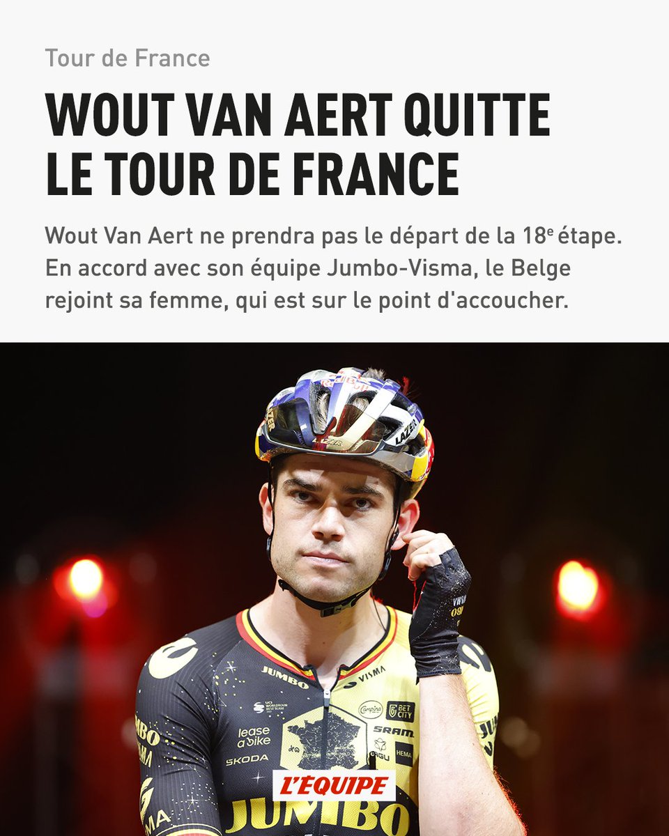 lequipe's tweet photo. Il espérait aller jusqu'à Paris mais savait qu'il pouvait quitter le Tour à tout moment. Wout Van Aert ne sera pas au départ de la 18e étape ce jeudi, entre Moûtiers et Bourg-en-Bresse https://t.co/tQowGvqj2q https://t.co/EhvzqCqSbH