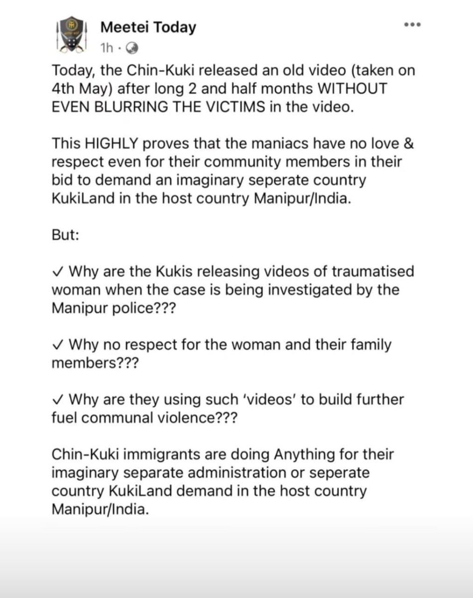 Zoukim27's tweet photo. Talk about kuki-zo having no love and respect for our women all the while parading our women naked,groping them,r@ping them and taking videos as they insult them. 

The video itself outrages me but posts like this make me want to slap the f**** out of this page owner until he comes to his senses.

They are not angry at their men for their disgusting behaviour. But they are angry that the video came out to the world. 

The Manipur police took more than 70days to register the case. Why? Because they are no different from the r@pists. Now that the video is out it didn’t even take them a day to act. But is arresting the culprits enough?? Each one of them should be tortured and hanged. 

Before you talk about respect first ask yourself and your meitei brothers if they respected our women before they toyed with them for their own pleasure.

Instead of being remorseful about the inhuman treatment against the women this page accuses us of utilising the video as a means to demand for a separate administration.

Yes our demand for separate administration stands even more resolute and firm. 
#ManipurViolence
#MeiteiRapists 

@UN @UNHumanRights @HSIGlobal @EU_Commission @BBCNews @UKParliament @BreakingNewsUK @USATODAY @amnestyusa @JudicialWatch @JudiciaryUK @BBCScotlandNews @BBCWalesNews @Ch_JesusChrist @churchofengland @IndiaTodayNE @JoeBiden @POTUS @Pontifex @UN_HRC @IntlCrimCourt @ICJ_org @IntlCrimCourt @KarimKhanQC @Justice_Intl @USDOJ_Intl @haguejustice  @KarimKhanQC @Injustice_Intl @RedCross
@BritishRedCross