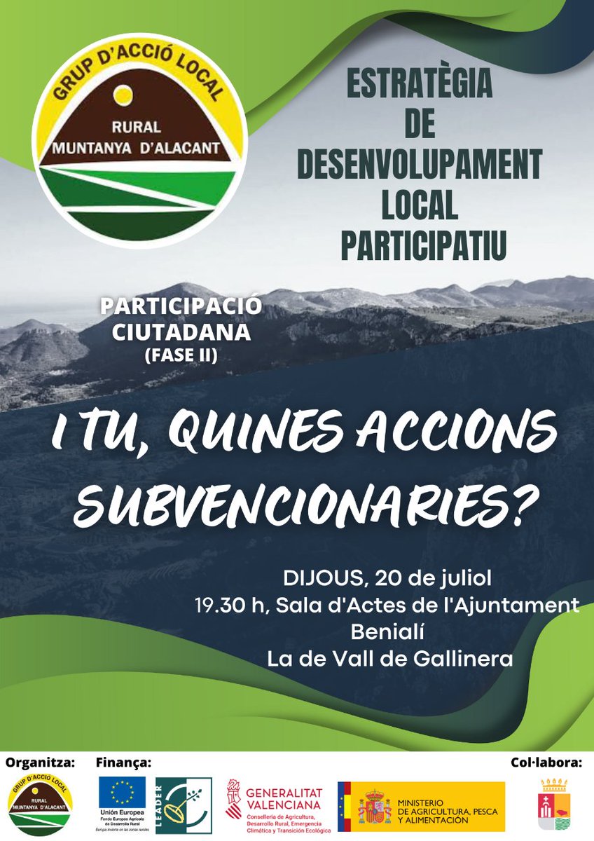Gal_rma's tweet photo. 🫵 Et llancem la pregunta: 𝘐 𝘵𝘶, 𝘲𝘶𝘪𝘯𝘦𝘴 𝘢𝘤𝘤𝘪𝘰𝘯𝘴 𝘴𝘶𝘣𝘷𝘦𝘯𝘤𝘪𝘰𝘯𝘢𝘳𝘪𝘦𝘴? Volem escoltar-te! 
🗓️ Hui dijous 20 de juliol, a les 19:30h, t'esperem a la Sala d'actes de l'Ajuntament de Benialí, a la Vall de la Gallinera. https://t.co/UY6LcMonom