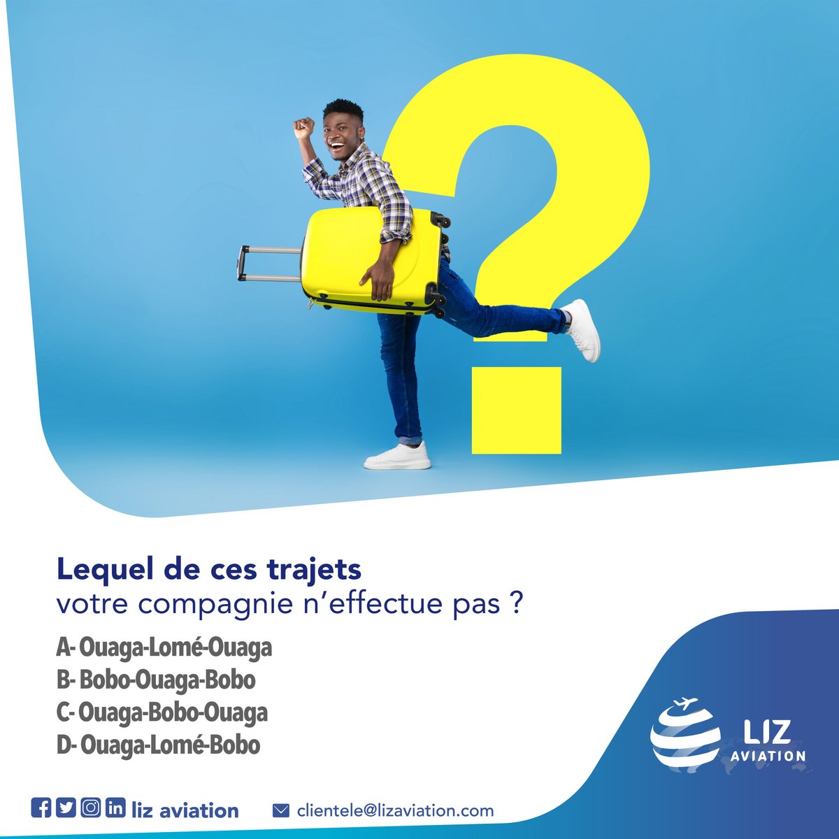 LizAviation's tweet photo. Lequel de ces trajets nous n’effectuons pas en ligne directe :
A- Ouaga-Lomé-Ouaga
B- Bobo-Ouaga-Bobo
C- Ouaga-Bobo-Ouaga
D- Ouaga-Lomé-Bobo
À vos commentaires 🔥
#VoyagezAvecLizAviation #BurkinaFaso #Togo https://t.co/ONwsiFDULQ