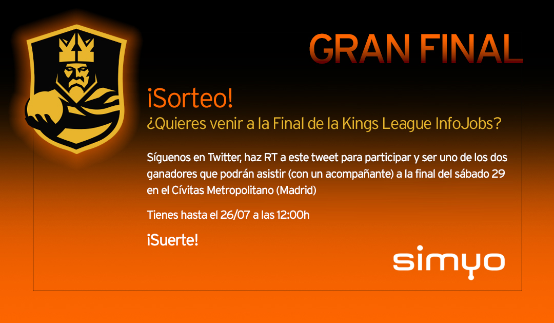 simyo_es's tweet photo. ¡SORTEO FINAL! 🏆
¿Quieres una entrada doble para la final de la #KingsLeague #InfoJobs en Madrid (29/07)? 👟⚽️
- Haz RT
- Sigue a @simyo_es 
- Gana 1 de las 2 entradas dobles que sorteamos.
(Hasta el 26/07 12:00h. Bases: https://t.co/wvIY2Z2c2w ) https://t.co/h5aLr0U6DY