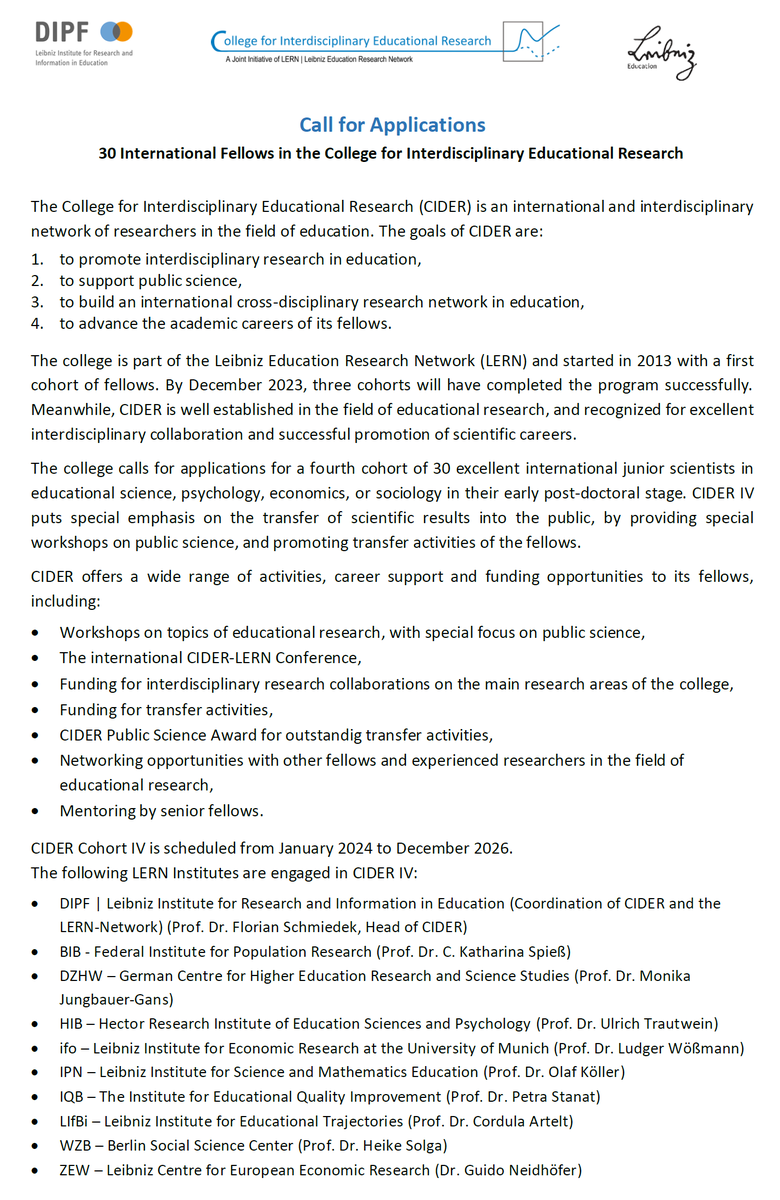 Woessmann's tweet photo. 🚨The College for Interdisciplinary Educational Research (CIDER) - a postdoc network🧑‍🎓- invites new applications (with ifo now involved).

This is a great initiative - please apply! 
Deadline: Sept 30

The call: https://t.co/psNtB8Trcc

About CIDER: https://t.co/ZWmO5IGzTk https://t.co/8StUc0kGA0