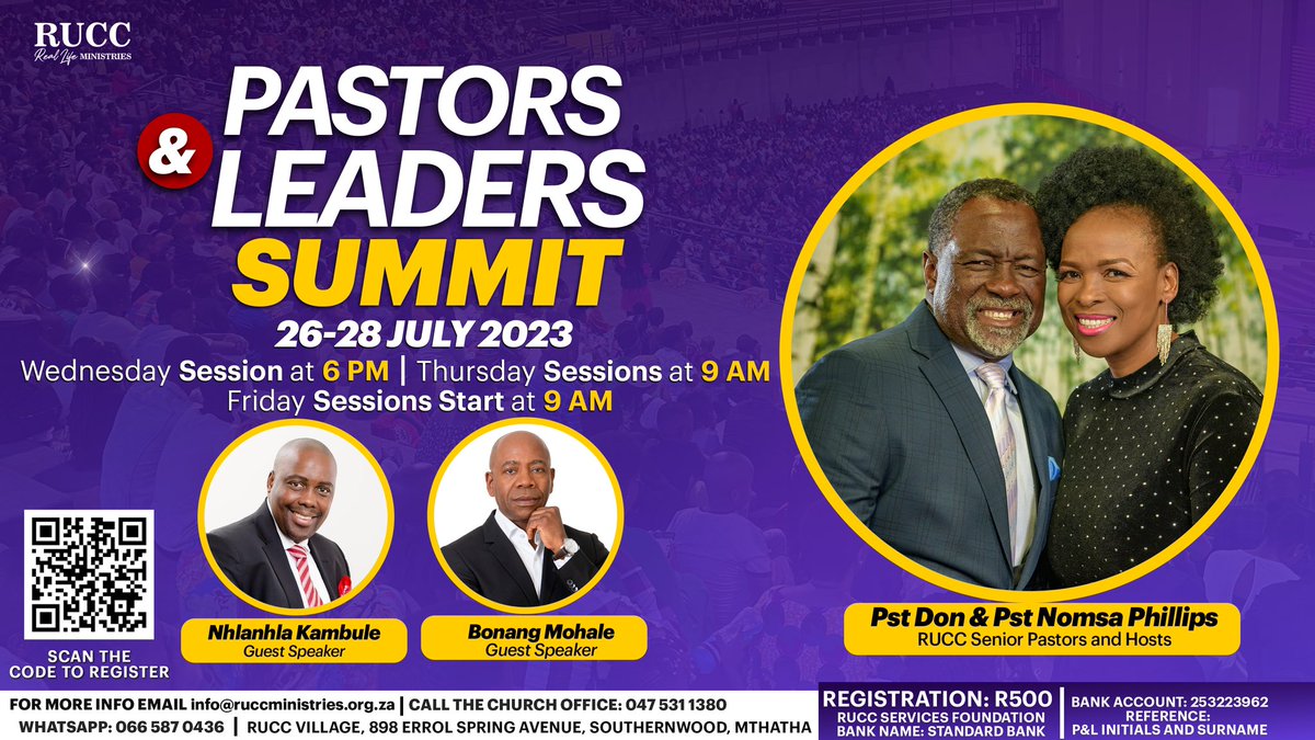 RUCC MINISTRIES (@ruccsa) on Twitter photo Donโt miss out on the Pastors & Leaders Summit happening next week. Featuring a great lineup of speakers; including Prof <a href="/bonang_mohale/">Bonang Mohale</a> and Pst <a href="/Khamb14Nhlanhla/">Nhlanhla Khambule</a>.
You can register at ruccministries.org.za or scan the QR code on the poster.
See you there!!! #LeadershipSummit Donโt miss out on the Pastors & Leaders Summit happening next week. Featuring a great lineup of speakers; including Prof <a href="/bonang_mohale/">Bonang Mohale</a> and Pst <a href="/Khamb14Nhlanhla/">Nhlanhla Khambule</a>.
You can register at ruccministries.org.za or scan the QR code on the poster.
See you there!!! #LeadershipSummit