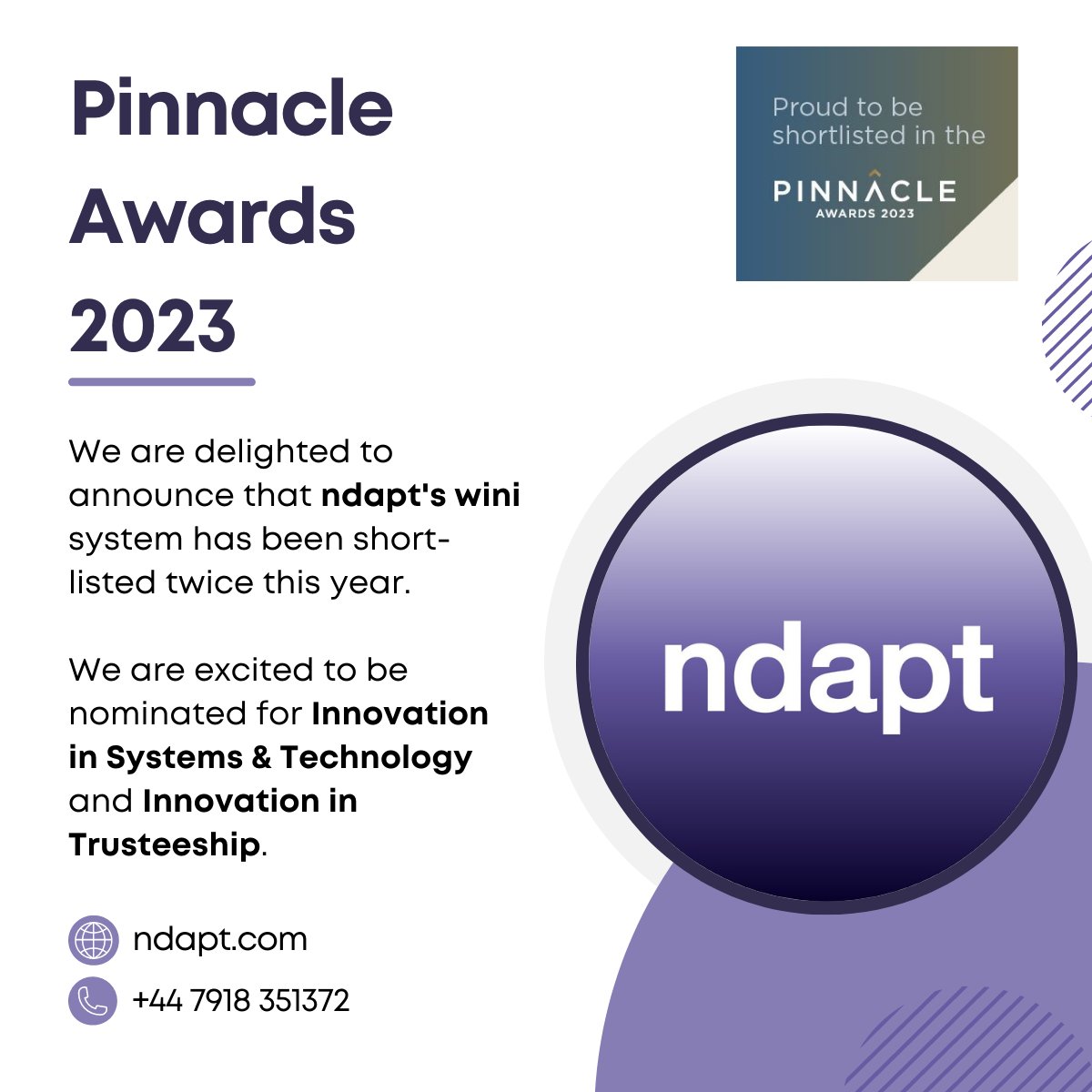 ndapt (@ndapt1) on Twitter photo We are delighted to announce that ndapt's wini system has been short-listed twice this year for the <a href="/PMIpensions/">The Pensions Management Institute</a> Pinnacle Awards!
Once for Innovation in Systems & Technology and another for Innovation in Trusteeship.
#ndapt #PinnacleAwards2023 We are delighted to announce that ndapt's wini system has been short-listed twice this year for the <a href="/PMIpensions/">The Pensions Management Institute</a> Pinnacle Awards!
Once for Innovation in Systems & Technology and another for Innovation in Trusteeship.
#ndapt #PinnacleAwards2023