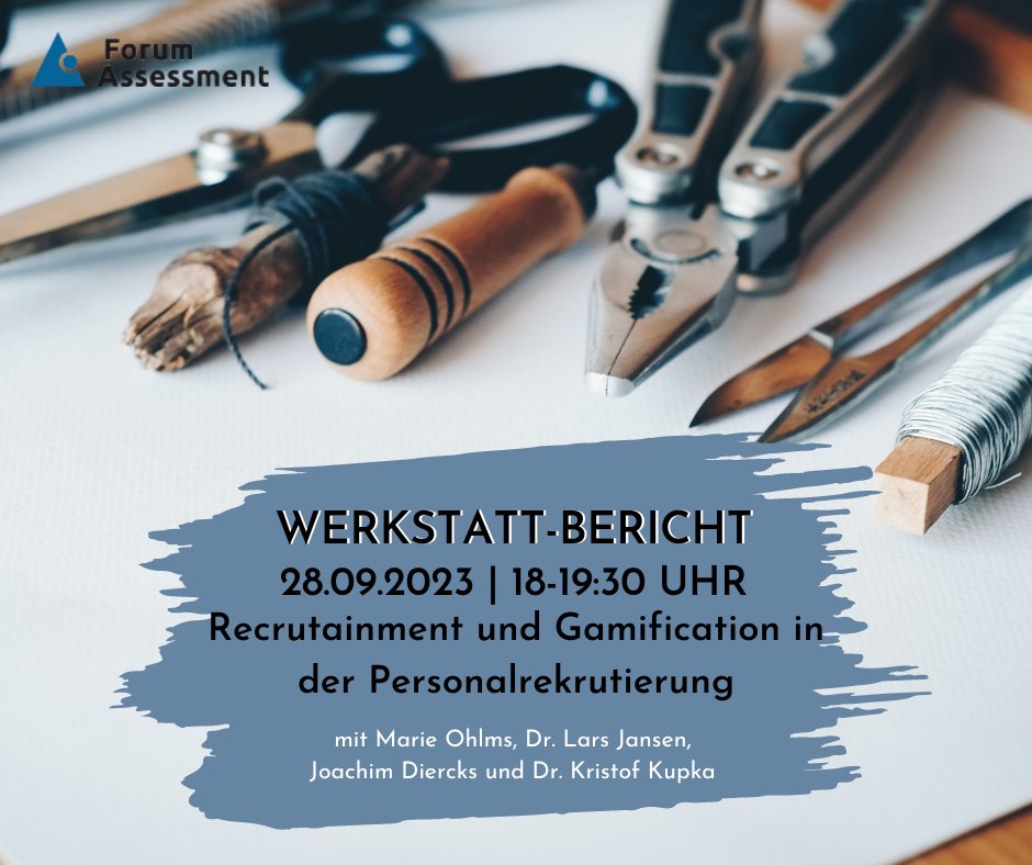 📅 Vormerken! 

Am 28.9. werden wir beim Forum Assessment e.V. im Rahmen eines sog. "Werkstattberichts" das Thema "#Recrutainment" beleuchten.

📺 Online über Zoom.

Die Werkstattberichte sind öffentlich und kostenlos. Anmeldung hier: forum-assessment.de/events/werksta…