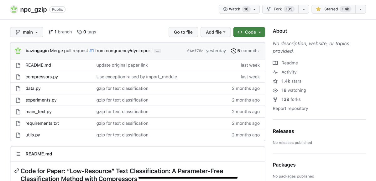 predict_addict's tweet image. #gzip paper spreading like wildfire, accumulated almost 1.5 stars ⭐️ in just a few days and has been in top trending repos for the last week.

The paper written by author who just defended his PhD only 3.5 years after bachelor degree (average time it takes CS PhD in North America