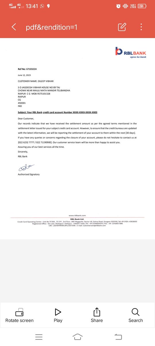 <a href="/rblbank/">RBL Bank</a> team 
credit card outstanding amount settled but still receiving payment reminder also I have no dues certificate. 
<a href="/RBI/">ReserveBankOfIndia</a> <a href="/illegalrecovery/">Consumer Rights</a> <a href="/Jantaki_Aawaz/">जनता की आवाज़🕯️</a>