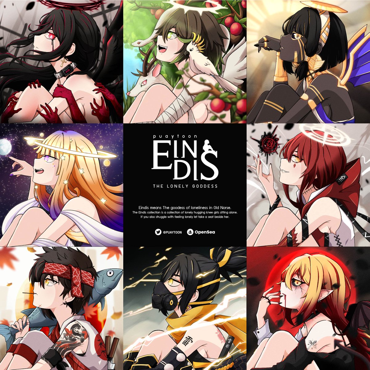 EINDIS COLLECTION
-
Eindis means The goodess of loneliness in Old Norse. The Eindis collection is a collection of lonely hugging knee girls sitting alone. If you also struggle with feeling lonely let take a seat beside her.
-
0.02 ETH 🖤
Link 👇