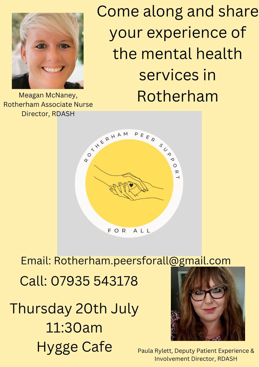 ‼️TODAY is the day to have YOUR say, share your experiences of mental health services in Rotherham with @rdash_nhs‼️ THIRD meeting with @MeaganMcnaneyN1 & @rylatt_paula from @RDaSH_RothCG Is the service working better for YOU, drop in, have a coffee and give your feedback.