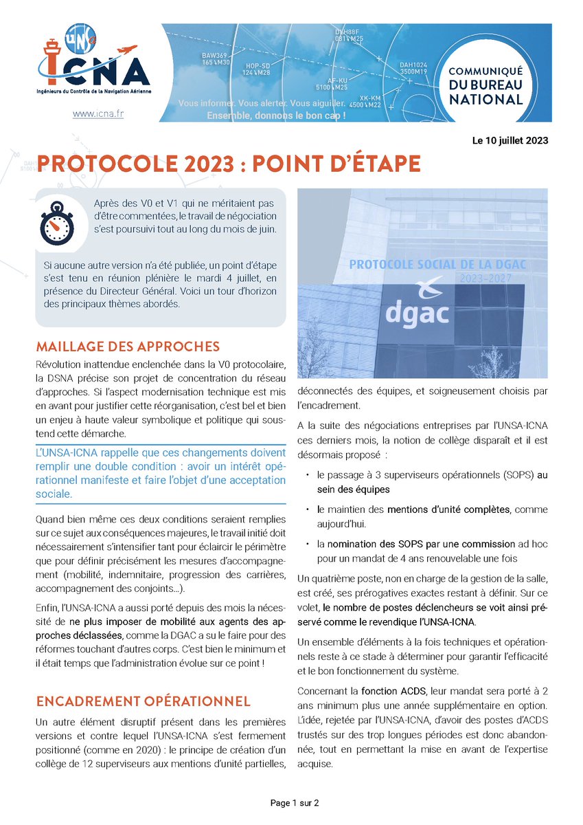 UnsaICNA's tweet photo. Protocole 2023 : Point d'étape. 
Si aucune autre version n'a été publiée depuis la V1, un point d'étape s'est tenu en réunion plénière en présence du DGAC. 
Tour d'horizon des principaux thèmes abordés. 
https://t.co/GfIYwEVhf0 https://t.co/fpIGLNpGhM