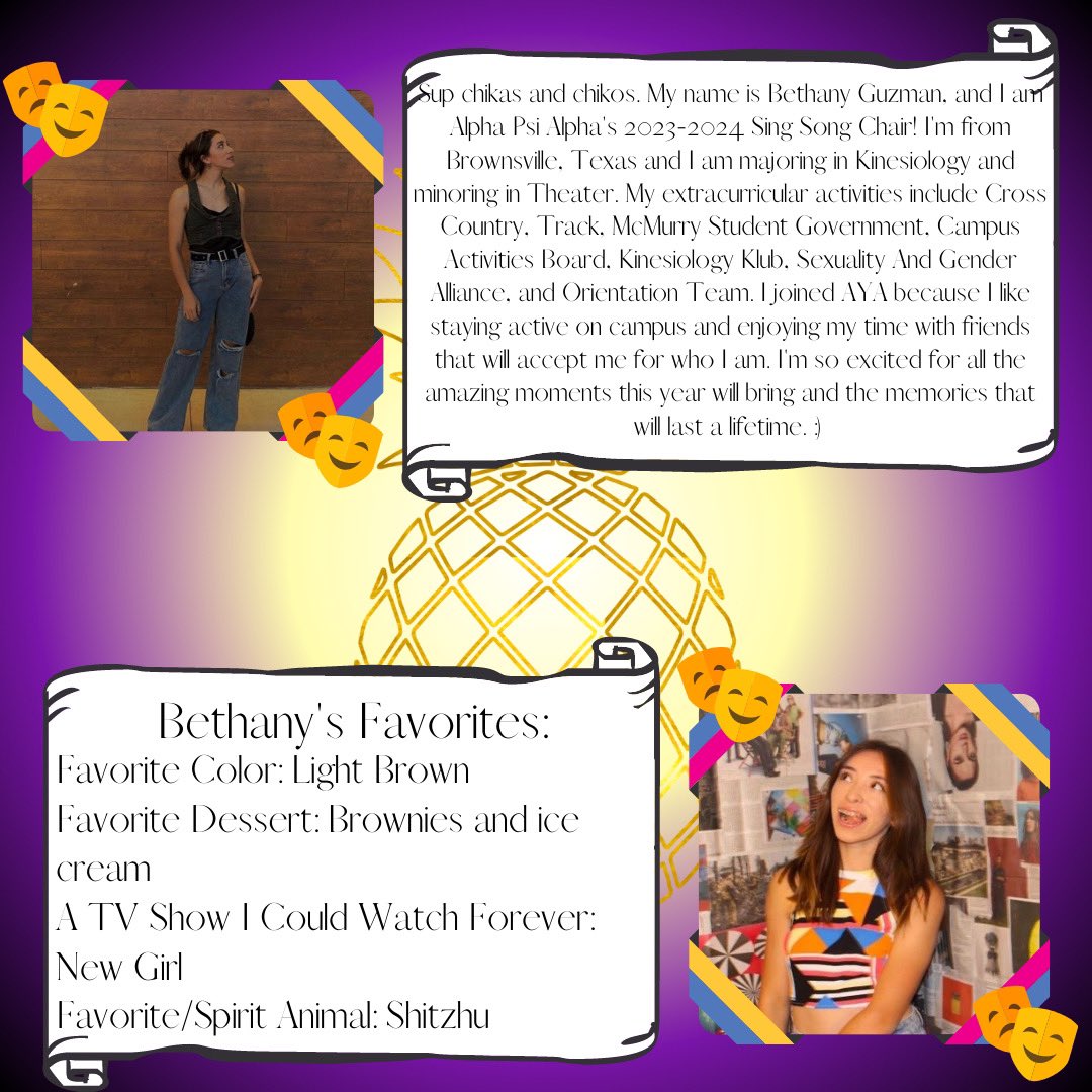 AlphaPsiQueens's tweet photo. Next, we have our 2023-24 Sing Song Chair: Bethany Guzman!👑 https://t.co/veQEE0zOOT